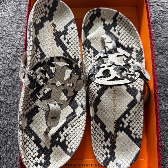 Tory Burch Shoes - Tory Burch Black and White Snake-Print Miller Thong Sandals